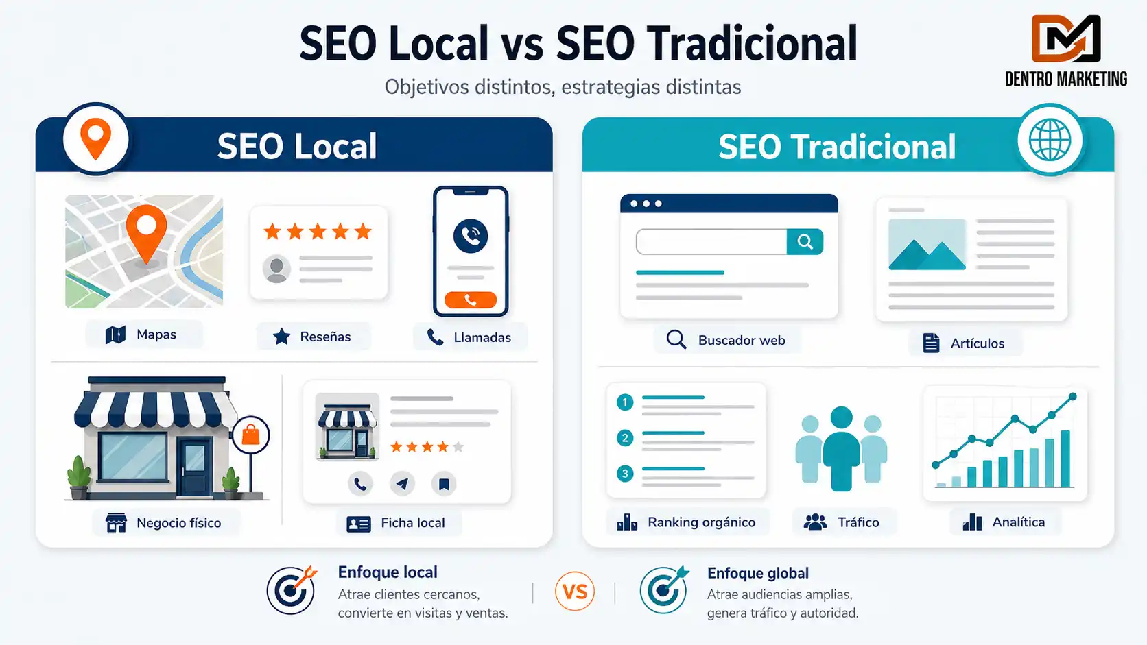 Comparativa visual entre SEO Local y SEO Tradicional: objetivos, estrategias y enfoques diferentes