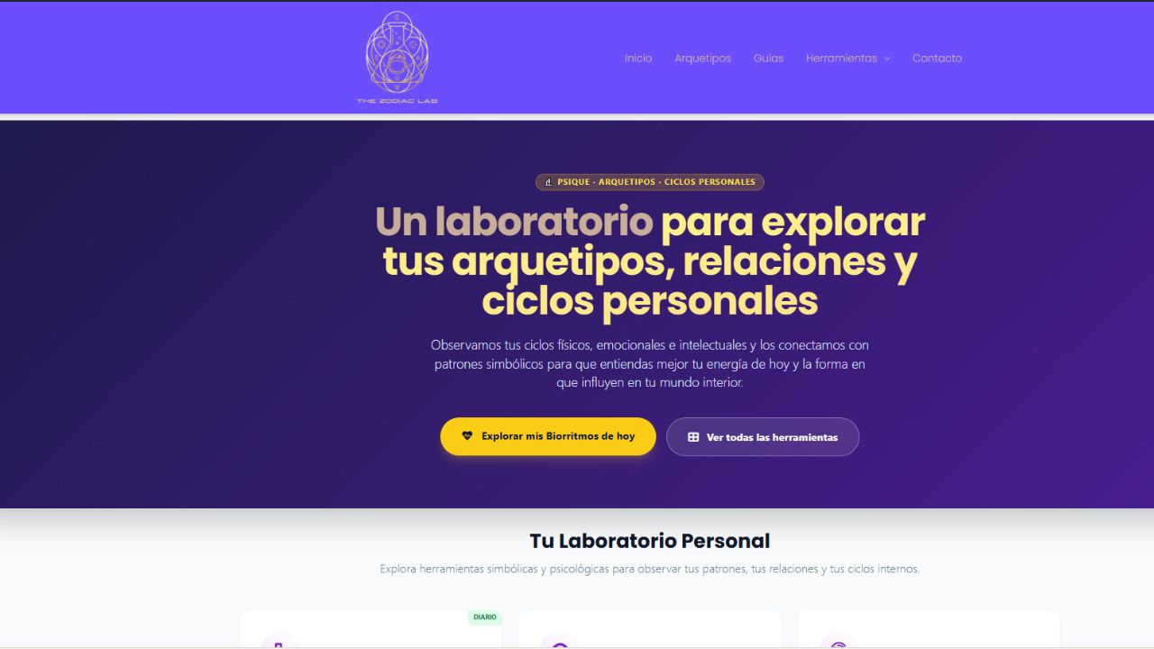 Captura de The Zodiac Lab, proyecto editorial sobre arquetipos, ciclos personales y herramientas simbólicas